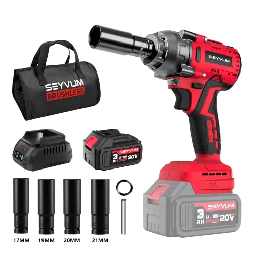 SEYVUM Power Impact Wrench,1/2' Cordless Electric Wrench, Max Torque 320 Ft-lbs, 20V Impact Gun and 3.0Ah Li-ion Battery with Fast Charger, 4 Pcs Impact Sockets