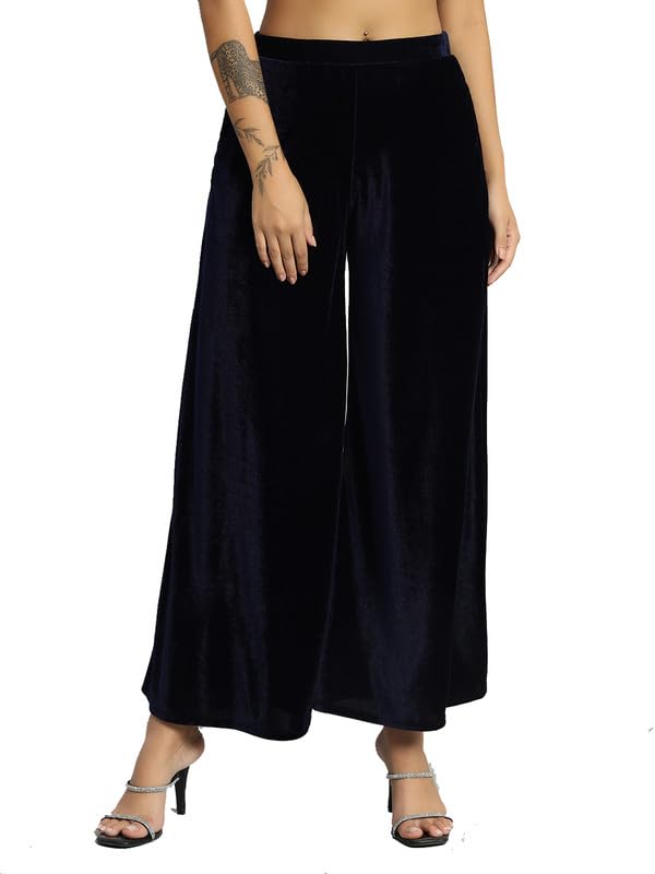 Image of Vaararo Party Trousers for Women | Shiny Velvet Fabric Wide Bottoms Stylish Palazzo Pants
