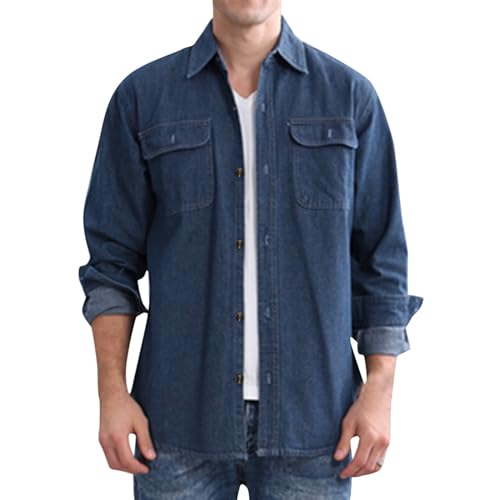 Chemise en jean pour homme CHUNOTU coupe ample veste décontractée rétro à manches longues bleu uni