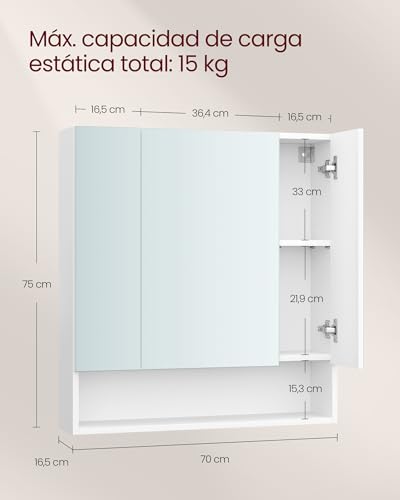 Miniatura 3 de Vasagle Kailyn Colección - Armario De Baño Con Puertas, Armario De Pared Con Espejo, Compartimento Abierto, Estantes Ajustables, 16,5 X 70 X 75 Cm, Blanco Nube Bbk129w01