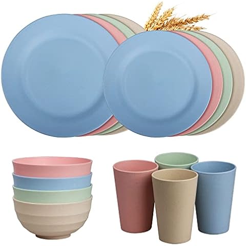 Wheat Straw Dinnerware Sets of 4 - Unbreakable Cups, Camping Plates and Bowls Sets for Home - Lightweight and Microwave Dishwasher Safe Dinnerware Sets (16 Pieces) Cover