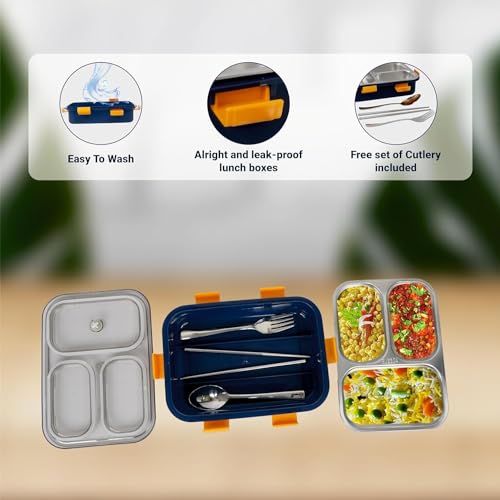 Image of Storescent Lunch Box with Compartment, Leak-Proof BPA Free Stainless Steel for School, Lunch Box for School & Office with a Fork, a Spoon and a Pair of Chopsticks (Blue, 3 Compartment)