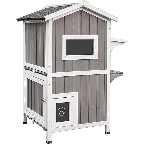 PetsCosset Outdoor Cat Shelter Weatherproof, Two Story Wooden Outside Feral Cat House with Openable Roof, Escape Door GreyWhite Lofty-Multi Design