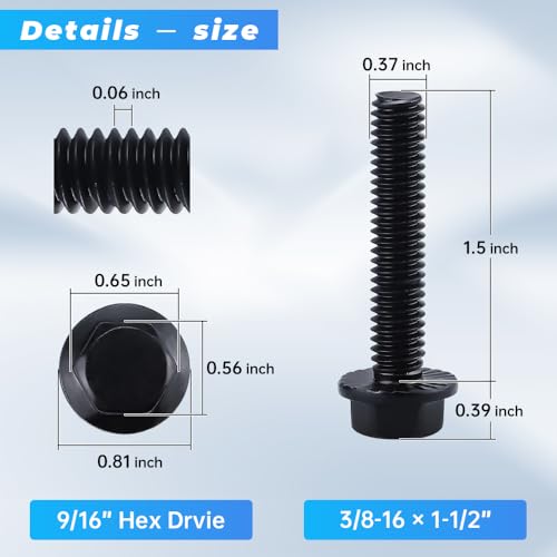 Image of Glvaner 3 /8-16 x 1-1 /2 inch (10 pcs) Stainless Steel Serrated Flanged Hex Head Bolts Bolts, 18-8 (304) Stainless Steel, Full Thread, Black Coated