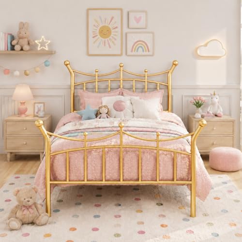 SHA CERLIN 14 Inches Twin Size Metal Platform Bed Frame with Crown Style Victorian Headboard & Footboard Ample Under Bed Storage Noise Free Easy Assembly No Box Spring Needed Gold