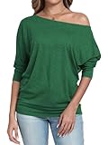 Poetsky Damen-Shirt, 3/4-Ärmel, sexy, schulterfrei, gerüscht, lockere Passform, Grün , Medium