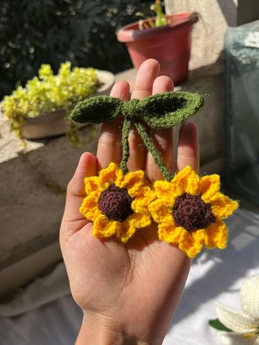 Image of Handmade Crochet Sunflower Hair Tie, Yellow and Brown Floral Hair Accessory with Green Leaves, Elastic Rubber Band for Ponytails and Braids
