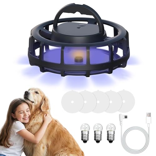 AMFUN 1 PCS Flea Traps for Home, Fleaing Light Traps, Flea Catcher with 4 Modes, with 5 Sticky Pads, 2 Spare light bulbs for Carpets Bedding（Black，DC-9109A） option