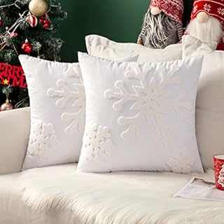 MIULEE Pack of 2 Christmas Cushion Cover Embroidery Snowflake Square Pattern Decorative Throw Pillow Cover Soft for Living Room Bedroom Sofa Bed with Invisible Zipper 45 x 45 cm 18 x 18 Inch White