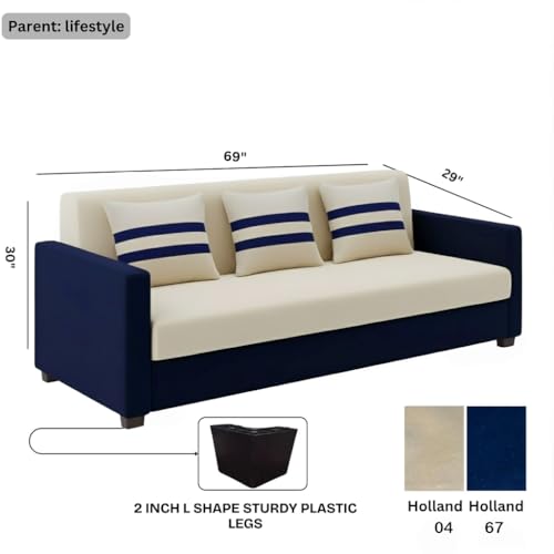 Image of FURNY Lifestylio 3 Seater Fabric Sofa Set (Cream-Dark Blue) Premium Velvet Finish | Ideal for Living Rooms, Offices