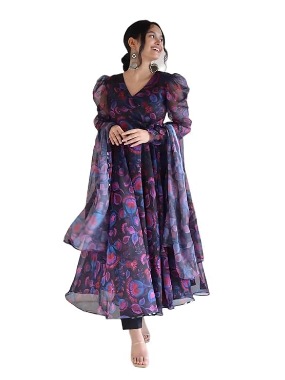 Women Georgette Anarkali Floral Printed Ethnic Traditional Suit Kurta Pant Dupatta Set-image-6