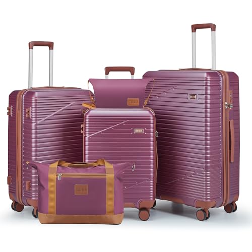 Luggage-Sets-3-Piece-Hard-Shell-Carry-on-Suitcase-with-Spinner-Wheels-and-TSA-Lock-Travel-Lightweight-Luggage-Set-with-YKK-Zippers-Purple-5-piece-sets202428DBTB Luggage Sets 3 Piece, Hard Shell Carry on Suitcase with Spinner Wheels and TSA Lock, Travel Lightweight Luggage Set with YKK Zippers (Purple, 5 piece sets(20/24/28/DB/TB) - Image 1
