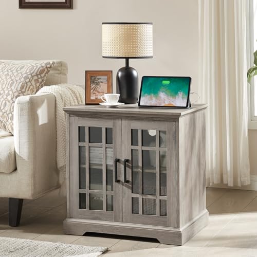 End Table with Charging Station, Farmhouse Nightstand with Glass Door Large Storage Rustic Wood Square Sofa Side Table with Adjustable Shelf for Living Room,Bedroom, Light Rustic Oak 1 Grey