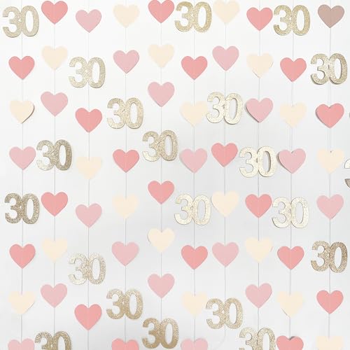 Image of Champagne Gold Pink 30th Birthday Decorations Champagne Gold Dusty Pink Heart Garland Streamer Banner Backdrop for Women Happy 30th Birthday Dirty Thirty Cheers to 30 Years Anniversary Party Supplies