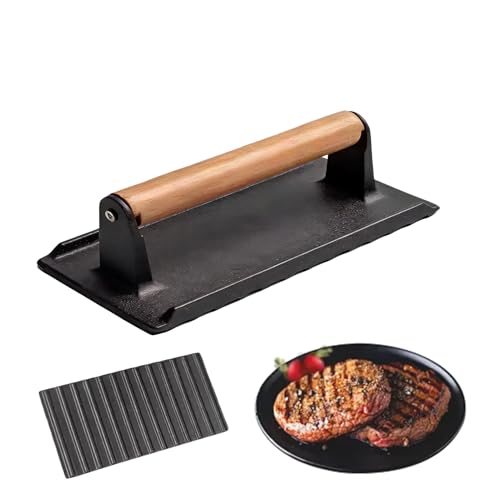 Prensa de tocino | Con un mango de madera y un smasher de hierro | Prensa antiadherente para barbacoa, barbacoa al aire libre, camping, cocina doméstica y restaurante