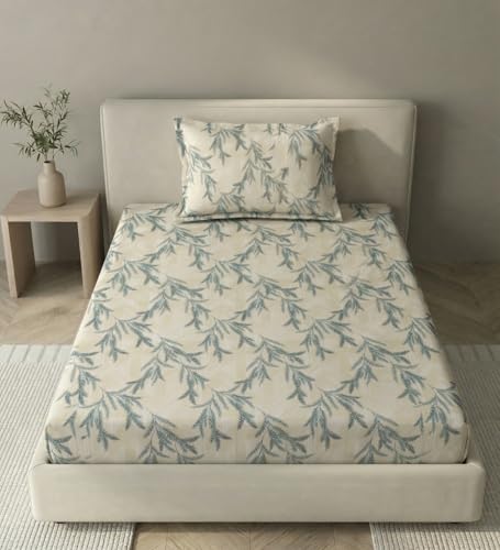 Image of Mafatlal 186 TC Metro Cotton Single Bedsheet | 90 x 60 Inch|Soft, Breathable & Lightweight | with Matching Pillow Cover| Cream Blue