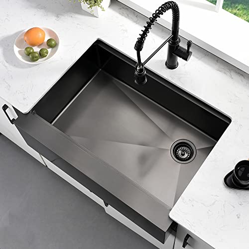 30 Inch Farmhouse Kitchen Sink Black Stainless Steel-Somrxo Flat Apron Front Farmhouse Sink Workstation Kitchen Sink 16 Gauge Gunmetal Matte Stainless Steel Kitchen Sink Single Bowl Farmhouse Sink #TOP2