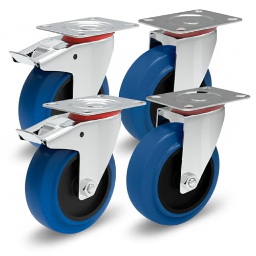 Transportrollen mit Bremse 100mm Möbelrollen Schwerlast - Lenkrollen Set Gummi Rollen Blue Wheels Bockrollen für Rollbrett Werkstatt schwere Möbel Palettenmöbel Rollwagen Räucherschrank Werkzeugwagen