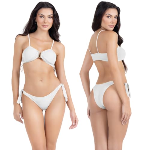 Biquini Feminino Alcinha Detalhe Em U Dourado Moda Praia Calcinha Asa Delta Amarração Empina Bumbum