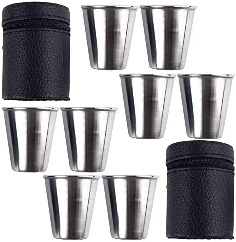 Framendino, 8 Pack 2 Ounce Stainless Steel Shot Cups with 2 Leather Carry Cases Shot Glass Drinking Tumbler