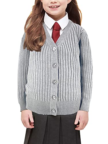 Inkoff Big Girl Uniform Ribbed Cardigan Cotton V Neck Long Sleeve Button Down Xs-Xl Heather Grey #TOP1