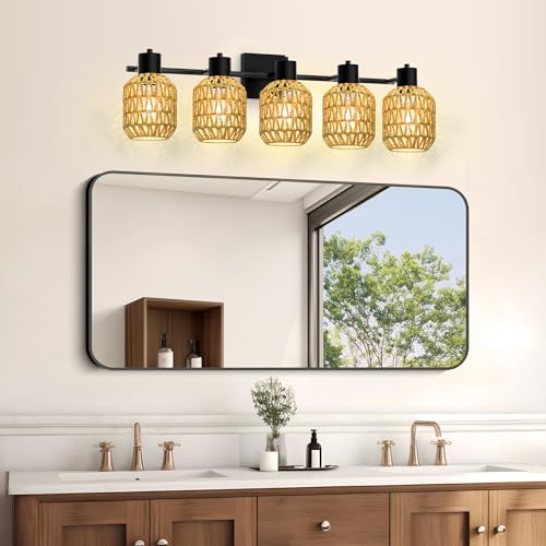 Image of CHICLUX Bathroom Vanity Light, 5 Lights Boho Rattan Bathroom Lighting fixtures Over Mirror, Farmhouse Vanity Lighting Fixtures with 330 Adjustable Woven Lampshade, E26 Base (Bulbs Not Included)