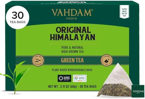 VAHDAM, Tè Verde dell'Himalaya (30 Bustine) Te Verde in Foglie di Alta Montagna | In Bustine Piramidali per una Infusione Perfetta | Direttamente dall'India