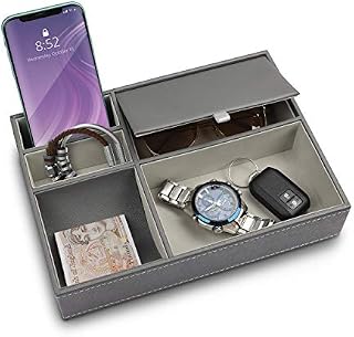 Belle Vous Grey Faux Leather 5 Compartment Valet Dresser/Nightstand Organiser Tray - Desk Storage Box For Wallet, Phone, Keys, Jewellery, Men's Accessories, Money, Cufflinks- Catchall Box for Bedside