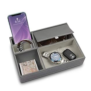 GREY CATCHALL LEATHERETTE TRAY: Our faux leather tray is 26 x 18.7 x 5.3cm (10.23 x 7.36 x 2.08 inches). It has 5 compartments in total. There are 2 small sections which are 3.5 x 9cm (1.37 x 3.54 inches), a compartment with a lid which is 7.8 x 15cm...