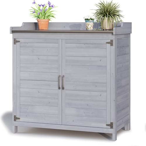 Blishom Pflanztisch mit Unterschrank Gartenschrank mit verzinkter Arbeitsplatte & 2 höhenverstellbaren Einlegeböden Balkonschrank für Garten Balkon Terrasse 98x48x95cm (Grau)