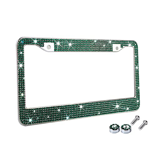 TZARROT Bling License Plate Frame for Women, Green Diamond Rhinestone License Plate Frame Emerald Bling Car Accessories for Women Girls, Bedazzled Sparkly
