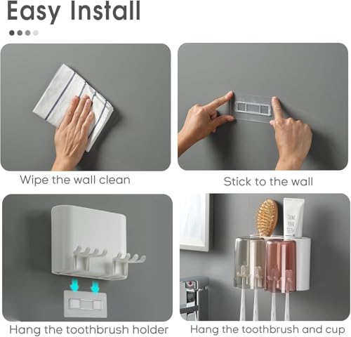 Image of SWAZE Wall Mounted Toothbrush Holder for Bathroom - Stickable Brush Stand with Cover | Tooth Brush & Paste Holder for Bathroom Wall | Bathroom Brush Holder for Wash Basin | Plastic Stand Set (2 Cups)