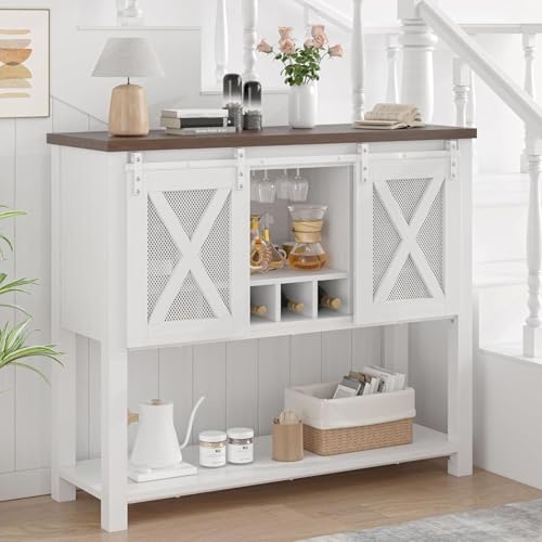 Garvee Farmhouse Wine Cabinet, Coffee Bar Sideboard Cabinet Storage, Console Table with Sliding Barn Doors, Entryway Table with Glass Rack for Kitchen Dining Room Hallway, 46.5 inches Long, White