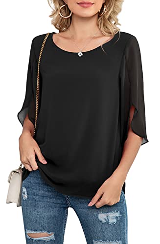 Neineiwu Womens Casual Scoop Neck Loose Top 3/4 Sleeve Chiffon Blouse Shirt Tops2