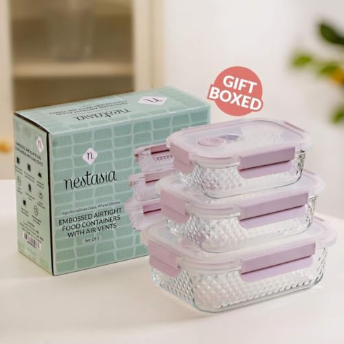 Image of Nestasia Glass Container with Lid for Kitchen Set of 3 (370ml, 660ml, 1L) - Airtight Diamond Embossed Food Container with Air Vent for Fridge Storage | Dishwasher, Microwave & Freezer Safe Container