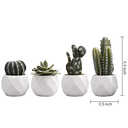 Mygift Mini Assorted Green Faux Succulent And Cactus, Indoor Fake Plants In Geometric Ceramic Pots, Set Of 4 #TOP6