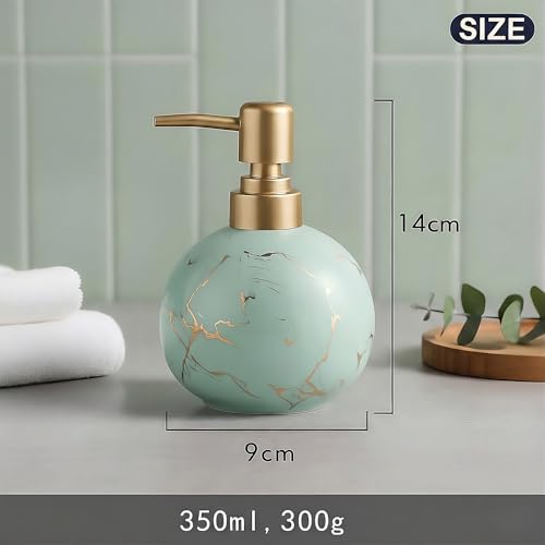 Image of Luxury Ceramic Soap Dispenser (Luxe Blue) - 350ml Round Modern Refillable Lotion Shampoo Handwash Bottle Matte Blue with Gold Marbling Premium Countertop Accessory for Bathroom, Kitchen & Wash Basin
