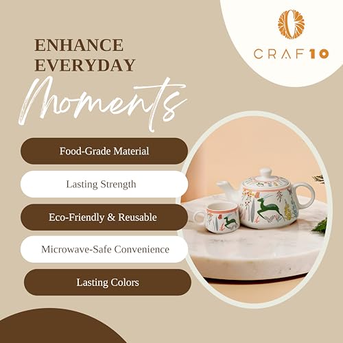 Image of CRAF10 Ceramic Handcrafted Green Stag Printed Tea Morning Set - 1 Kettle (1 Litre) & 6 Cups (160 ML) | Microwave & Dishwasher Safe | Teapot | Tea Sets with Kettle for Gifting