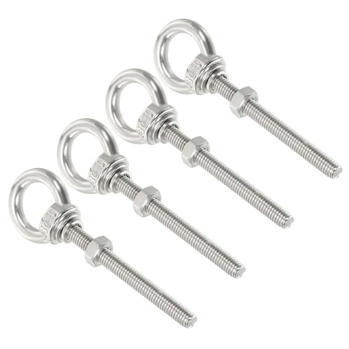 Image of uxcell M4*60 3 /16 inchx2.36 inch Stainless Steel Eye Bolts Threaded Screw Eyebolt Shoulder Ring with Nuts Washers for Lifting Hanging, 4 Set