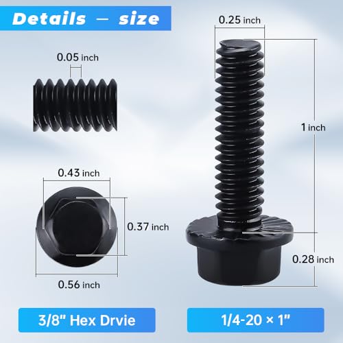 Image of Glvaner 1 /4-20 x 1 (25 pcs) Stainless Steel Serrated Flanged Hex Head Bolts Bolts, 18-8 (304) Stainless Steel, Full Thread, Black Coated