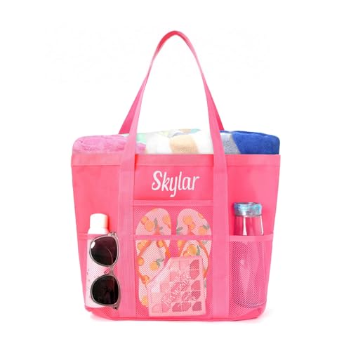 Personalized Beach Tote Bag for Women Custom Embroidered Name Large Mesh Sandproof Swim Bag, Foldable Travel Tote