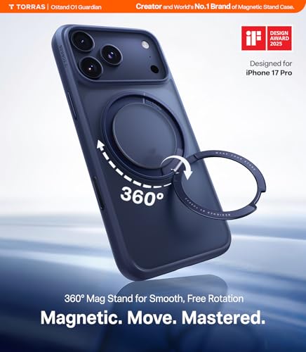 Image of TORRAS Upgrade 360 Magnetic Stand for iPhone 17 PRO Case, Fit for MagSafe | Camera Control Button, Mil-Grade Protection, Slim Soft Edge Translucent Back for iPhone 17Pro 6.3 inch, Deep Blue