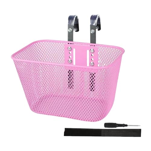 Almencla 【取り付けツール付】子供用自転車バスケット フロント用 前掛けカゴ 前かご メッシュ カゴ 金属製 頑丈 小物入れ かわいい キッズ 子ども車用 収納かご 取り付け簡単 男の子 女の子 通園 習い事 荷物入れ 自転車アクセサリー 交換部品, ピンク
