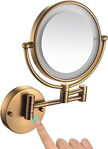 Wall Mounted Makeup Mirror, LED Magnifying Vanity Mirror, 8 Inch Two-Sided 1x/5x HD Cosmetic Lighted Up Mirror 360° Swivel Beauty Mirror for Shaving Makeup,Nickel Wire Drawing image 2