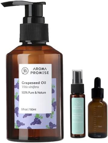 Aroma Promise Grapeseed Oil Natural 150ml 5fl.oz Carrier Oil Set - for Skin, Hair Care Anti Aging Moisturizer Body Oils Including Dropper Bottle with Measurements and Facial Rose Water 30ml