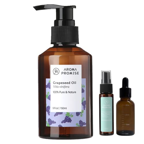 Aroma Promise Grapeseed Oil Natural 150Ml 5Fl.oz Carrier Oil Set - For Skin, Hair Care Anti Aging Moisturizer Body Oils Including Dropper Bottle With Measurements And Facial Rose Water 30Ml #TOP28