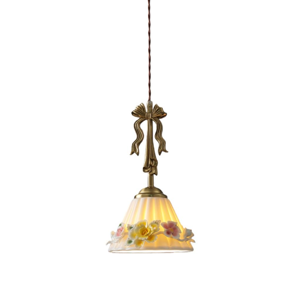 ITOSUI French Retro Pendant Light Gold Bow Brass Ceramic Floral Hanging Lamp for Bedside Dining Room 7.9-Inch Pleated Shade 11.9" Fixture Height 59.1" Adjustable Cord 1-Light E26 Base