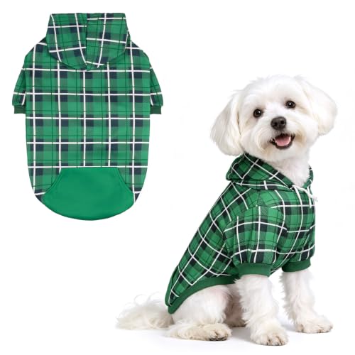 EXPAWLORER Plaid Dog Hoodie - British Style Warm Dog Sweater Shirt with Leash Hole,Pitbull Clothes Outfits,Winter Coat Apparel for All Breeds Puppy Girl Boy-Cat Apparel,Green Small