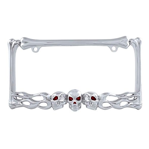 Chromed Skull W/Red Painted Eyes Flames Bones Design License Plate Frame Die Cast Zinc Triple Chrome Plating Auto Car Truck Suv By Pilot Auto #TOP1