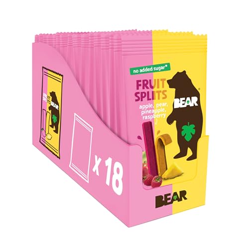 Image of BEAR Real Fruit Snack Splits - Gluten Free, Vegan, and Non-GMO - Raspberry and Pineapple - Healthy School And Lunch Snacks For Kids And Adults, 0.7 Ounce (Pack of 18)